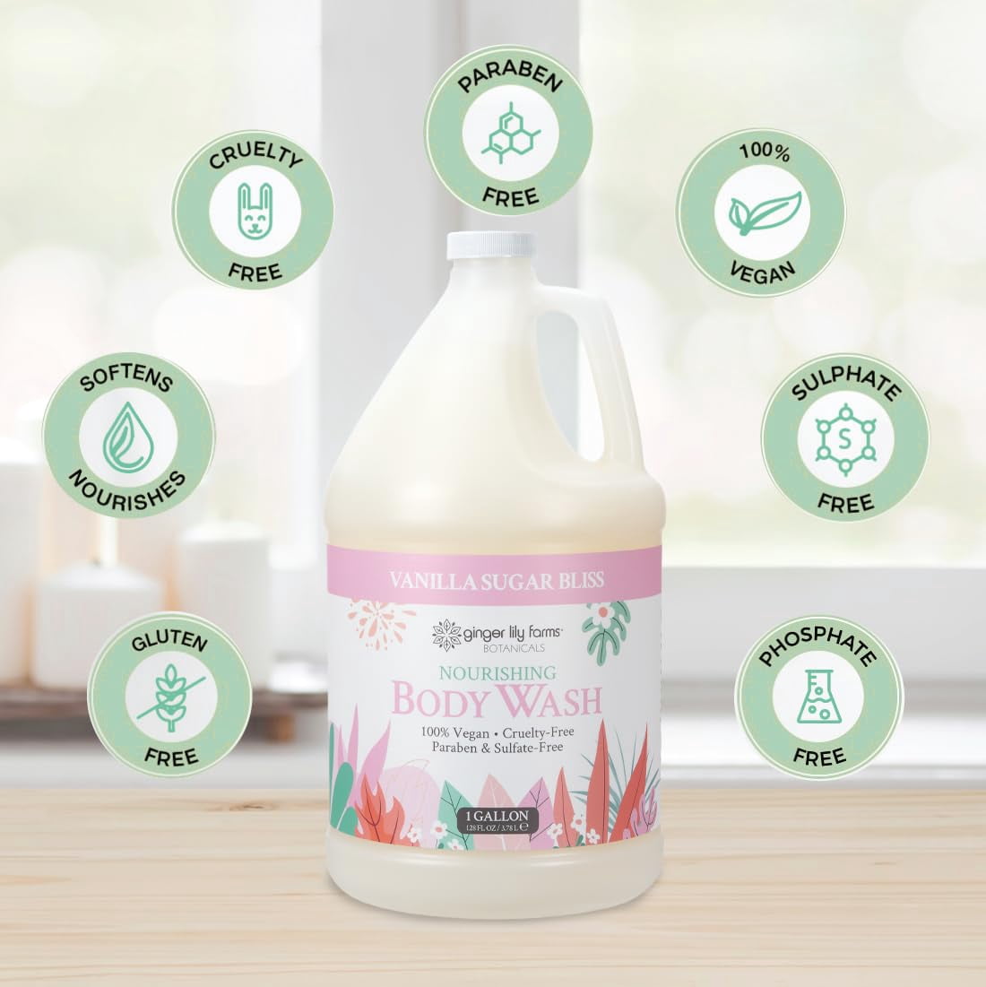 Ginger Lily Farms Botanicals Nourishing Body Wash, 100% Vegan & Cruelty-Free, Vanilla Sugar Bliss Scent, 1 Gallon (128 fl oz) Refill