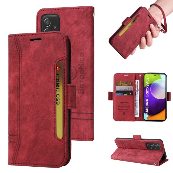 TECH CIRCLE Case for Samsung Galaxy A52 4G/5G,Shockproof Premium PU Leather ID Credit Card Holder Wallet Case Magnetic Flip Kickstand Phone Cover with Hand Strap,Red