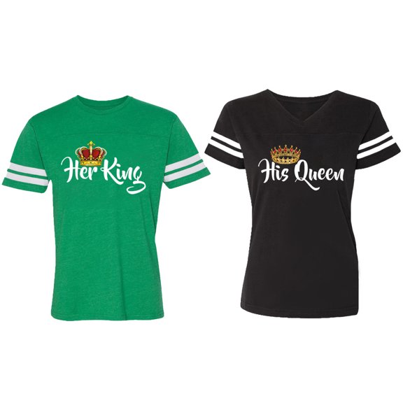 Her King His Queen Matching Couple Cotton Jerseys (Men Green / Women Black) (Men S / Women S)