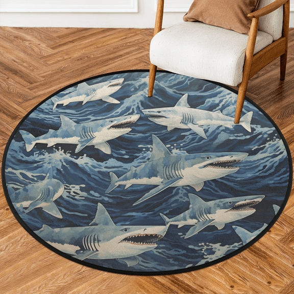 CURLYOOT Round Rug 3ft Ocean Sharks Area Rug, Washable Circle Mat Non Slip Floor Carpet Mat, Soft Indoor Rugs for Entryway Living Room Dining Room Bedroom