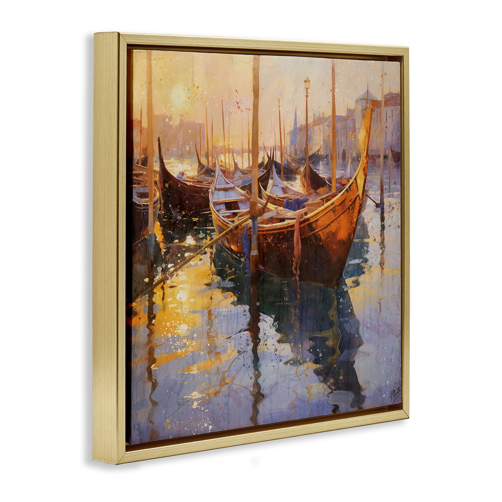 Stupell Industries Venetian Gondolas in Golden Light Gold Framed Floater Canvas Wall Art, design by Marta Wiley