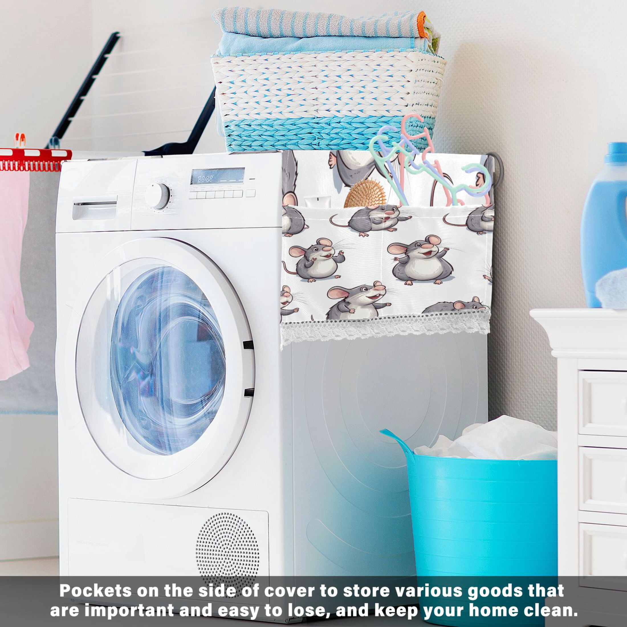 Lovely Cartoon RatWasher and Dryer Covers Dust-Proof and Oil Resistant Fridge Cover with 4 Storage Pockets Washing Machine Top Cover for Laundry Kitchen Home 51.2 x 22 In
