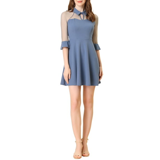 Vestido de fiesta mini A-Line con malla transparente y mangas 3/4, escote en forma de llave, para mujeres, color azul