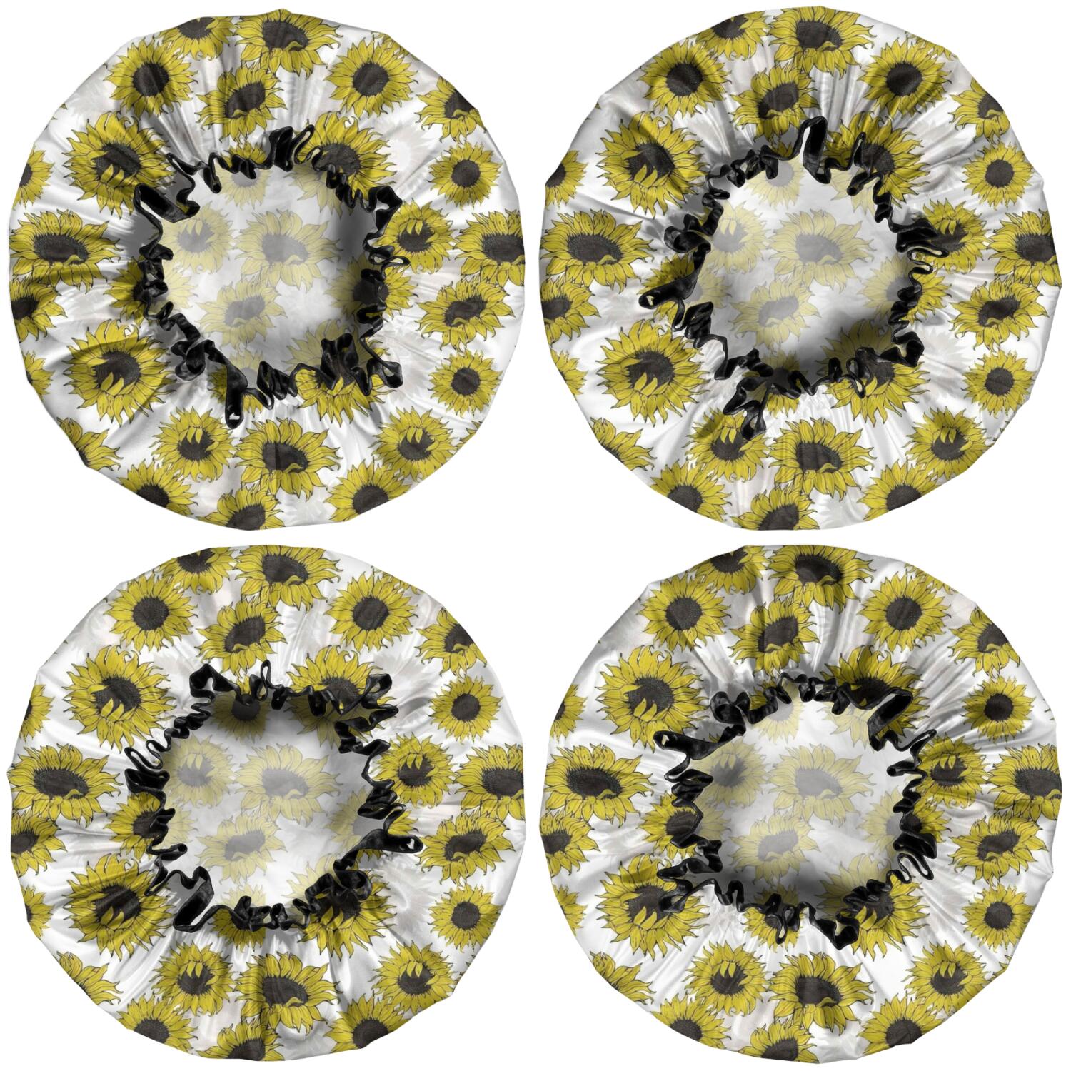 Shower Caps,White Sunflower Pattern Waterproof Shower Cap for Women 4 Pieces,Double Reusable Hair Cover for Shower PEVA Elastic Stretch Hem