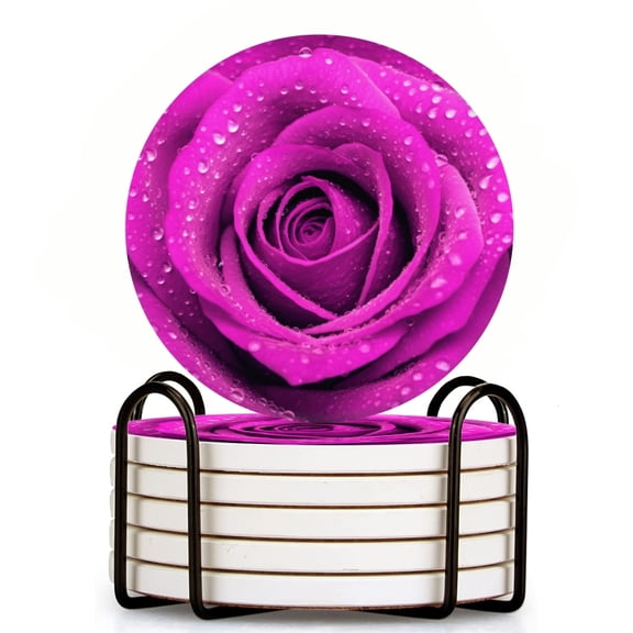 Vibrant Purple Rose With Dew Drops Set of 6 Ceramic Coasters with Holder, Absorbent Drink Bar Coasters, Table Coasters for Living Room Decor Tabletop Protection