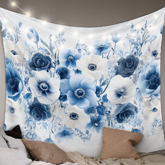 White Blue Flower Large Tapestry for Bedroom Wall Hanging Tapestry,Vintage Pastoral Floral Petals Spring Ceiling Backdrop Tapestries Poster Blanket Wall Decor for Teens Room Living Room 100" x 59"