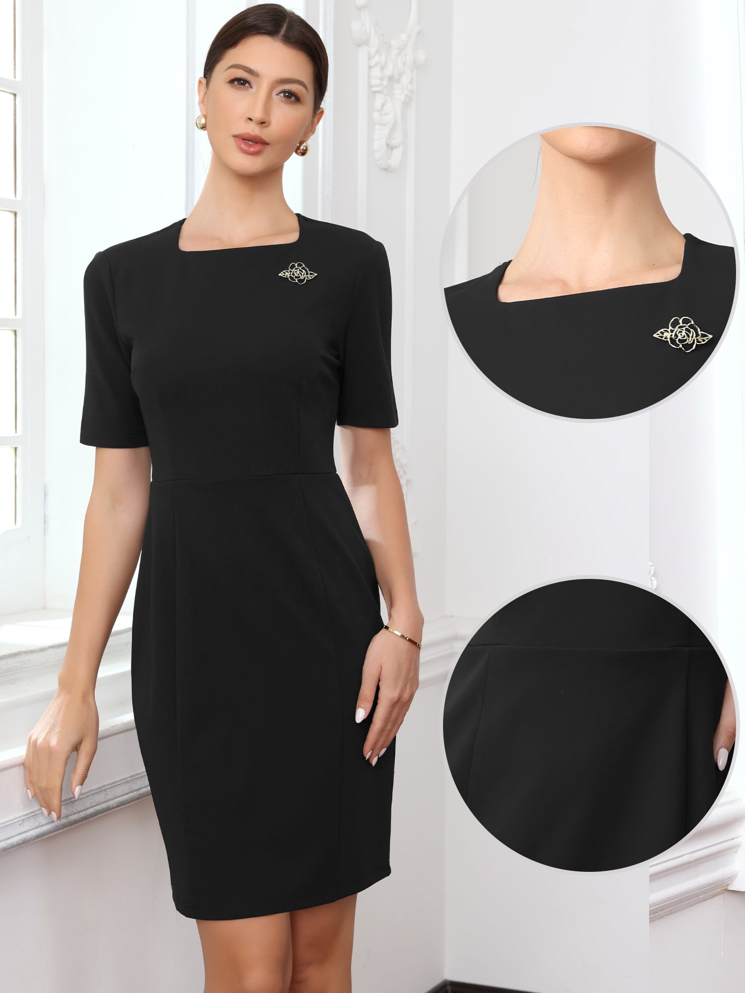 DARING DIVA Women's Vintage Work Short Sleeve Square Neck Sheath Dress S Black