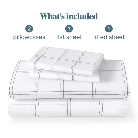 King Sheet Set 4 Piece, 1800 Ultra Soft Microfiber Bedding, Double Brushed Deep Pocket Sheets, All Around Elastic, Modern Plaid White, Grey