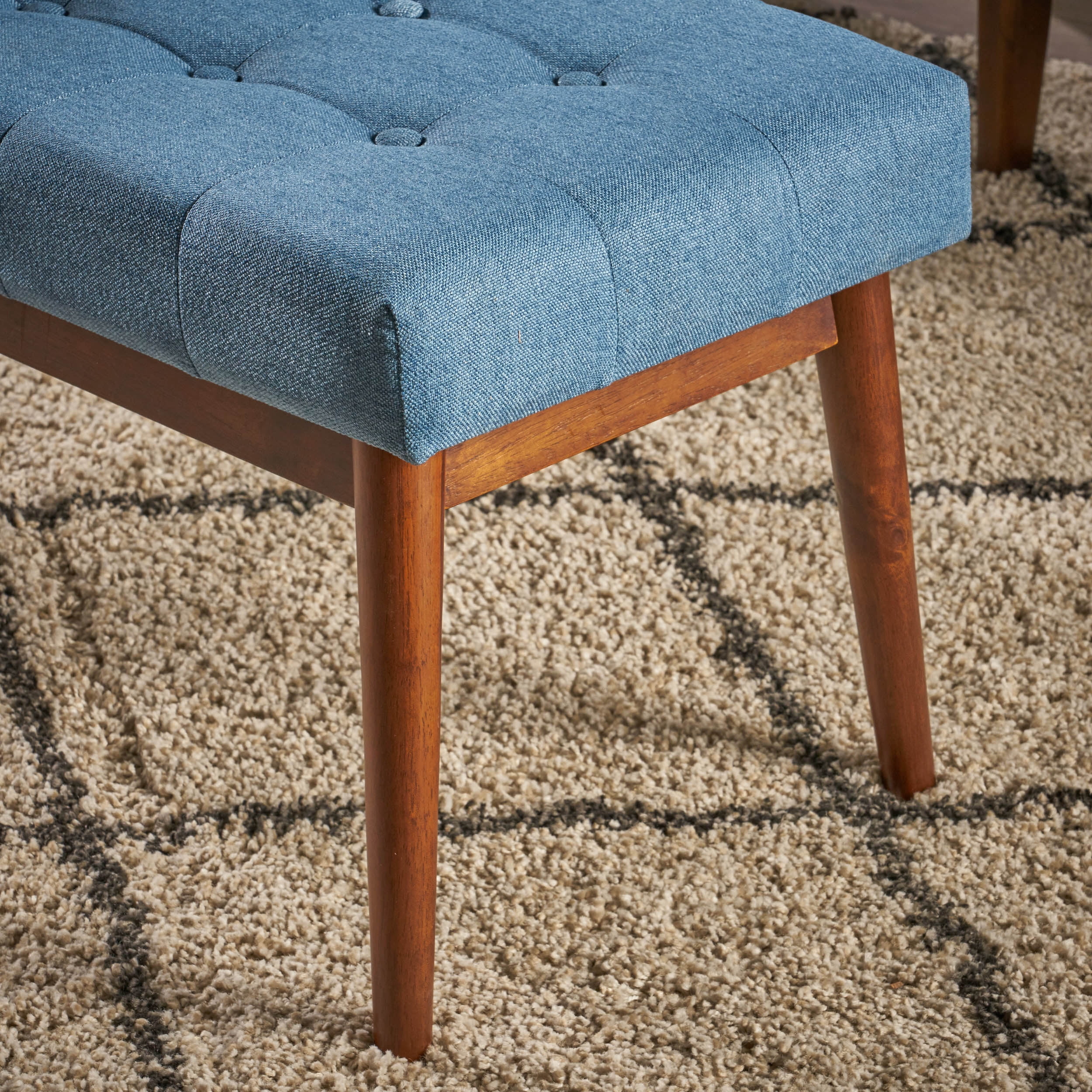 Noble House Marvin Mid Century Tufted Fabric Ottoman, Blue, Walnut