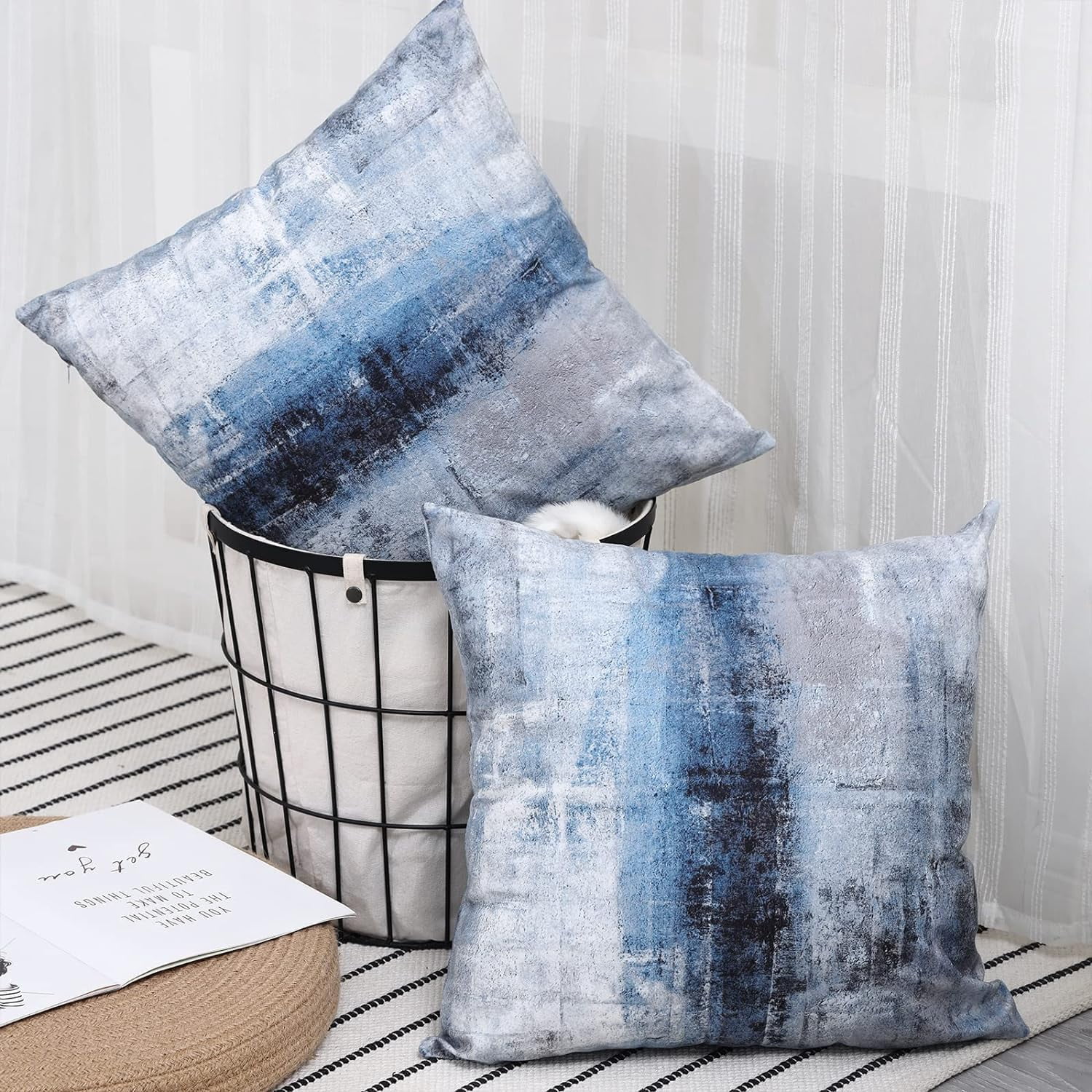 LALILO Blue and Grey Abstract Art Pillow Cover, Gallery Throw Pillows Cushion Cover 24 x 24 2Pcs