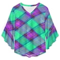 thumbnail image 4 of Green And Purple Plaid Pattern Women's V-Neck Blouse With 3/4 Ruffled Bell Sleeves Casual Top Ladies Blouses, 4 of 7