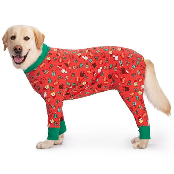 BT Bear Dog Onesie Recovery Suit,Full Coverage Anti-Shedding Dog Pajamas, Soft And Comfortable Dog Joint Protection Clothing, Dog Warm Shirt for Medium Large Dog Red Christmas 34/5XL