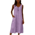 thumbnail image 2 of Yangnuo Women's Washed Wrinkle Cotton Linen Dress Ladies Crew Neck Sleeveless Casual Maxi Dress with Buttons & Side Pockets, Solid Loose Fit. Purple L, 2 of 6