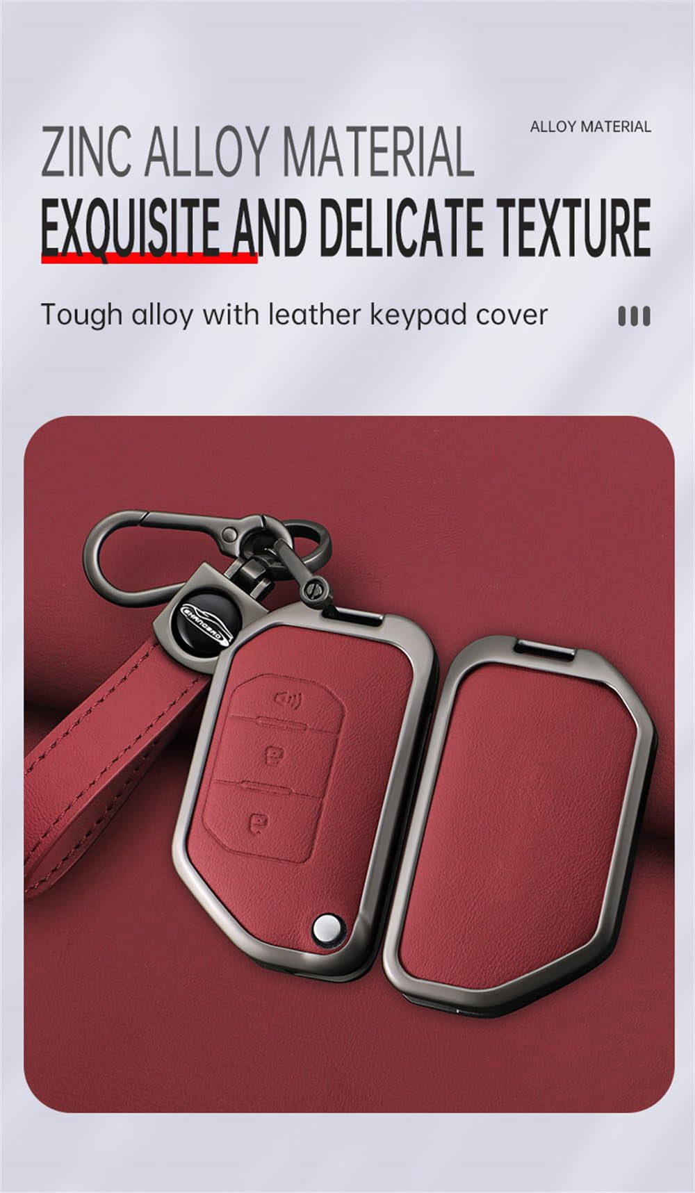 Leather Key Fob Cover for Jeep Wrangler JL JLU Gladiator 4XE 2018-2021 Accessories with Keychains Folding 3 Button Key Case for Jeep Wrangler Zinc Alloy Key Holder