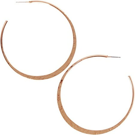 Round Loop Earrings - Big Hoop Earrings - Textured Open Round Statement Loops with Hypoallergenic Stainless Steel Post, Moon-Shaped, Flat Crescent 24K Rose, Pink Gold-Electroplated, by Humble Chic NY