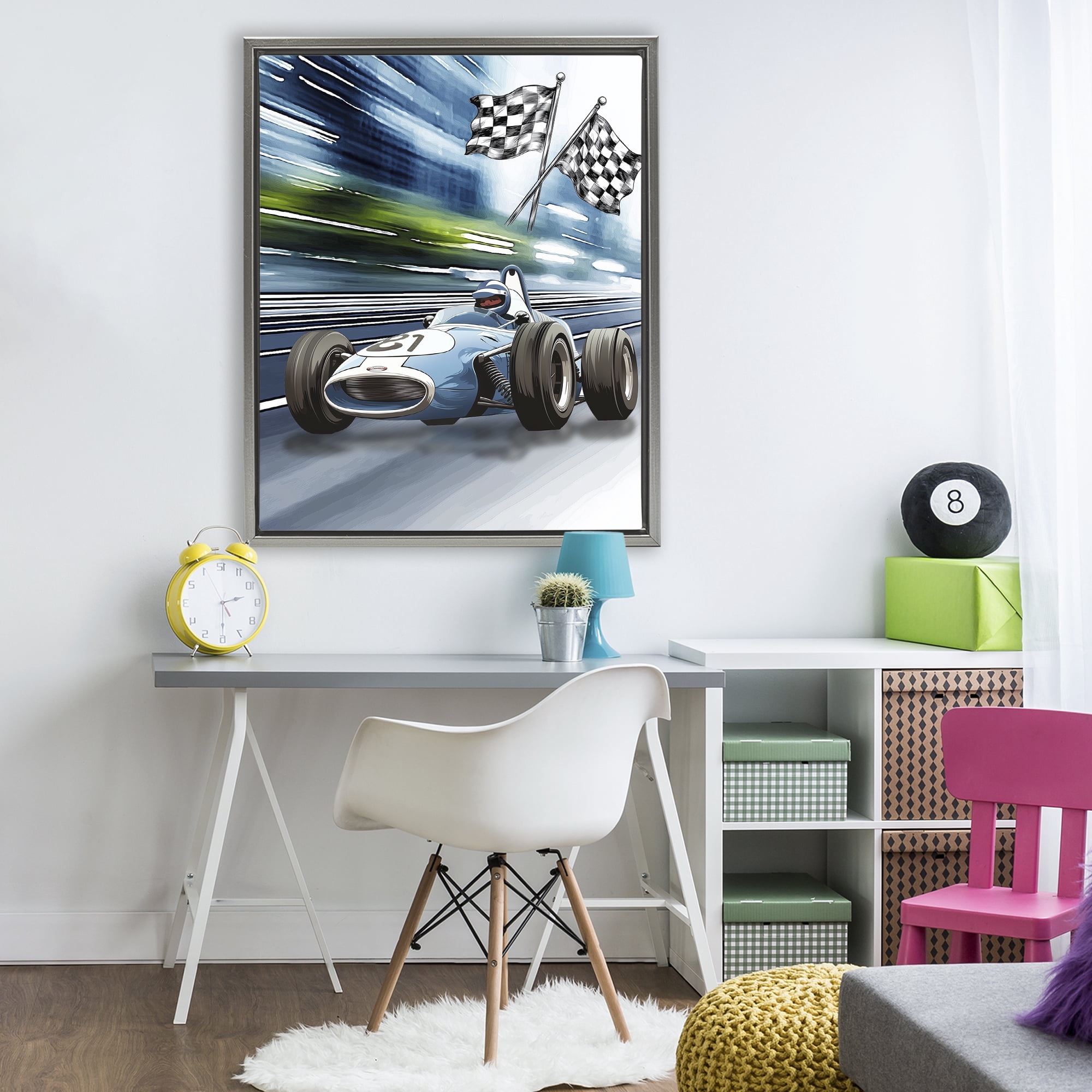 Stupell Industries Speedy Racecar with Flags Gray Framed Floater Canvas Wall Art, design by Christine Simpson Art