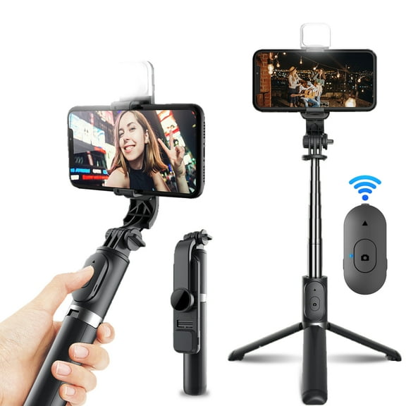 Oceantree Selfie Stick Tripod with Bluetooth Remote LED Light for Day and Night Portable for iPhone and Android Phones,Black