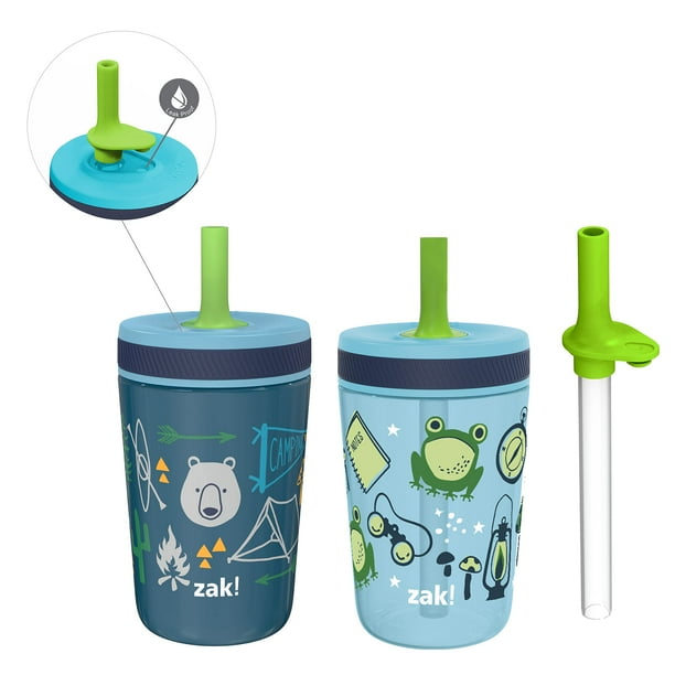 Zak Designs Juego de vasos Kelso para acampar y acampar, tapa roscada a prueba de fugas con pajita, paquete para niños incluye vasos de plástico y acero inoxidable con sorbo adicional, juego de 3 piez
