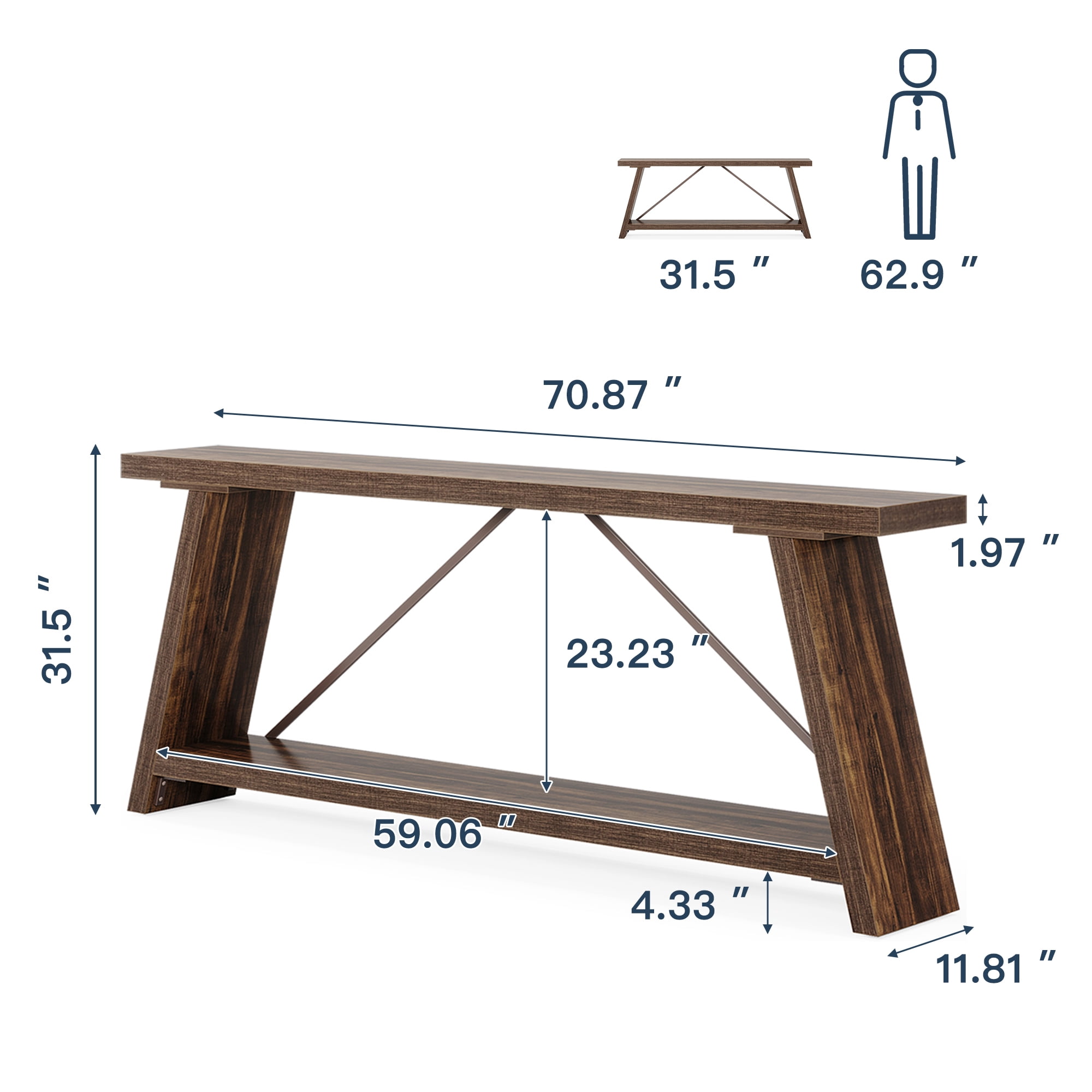 Demi Bonn 70.9" Console Table, Rustic Vintage Narrow Sofa Table for Entryway, Living Room, Hallway, Brown