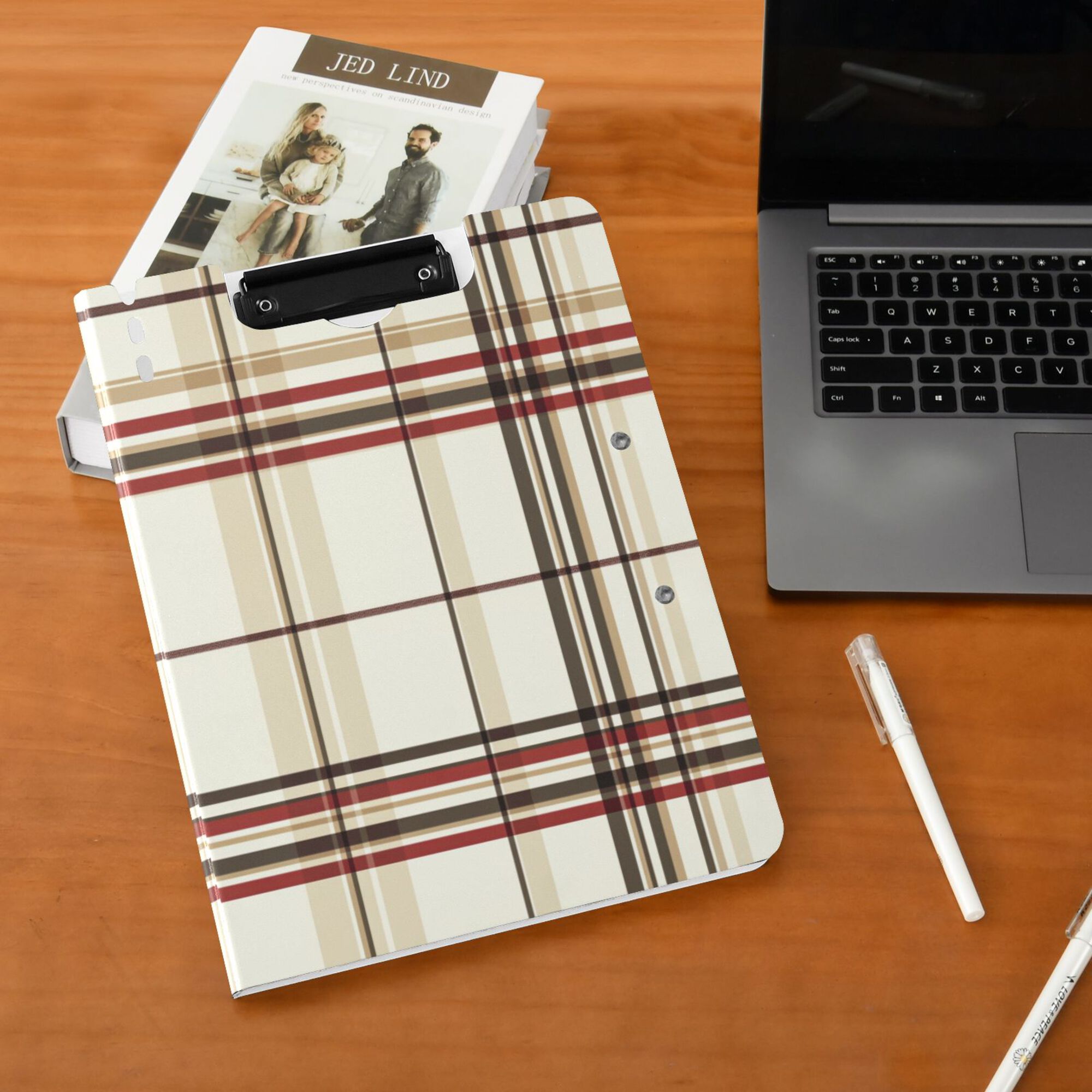 FORMRS A4 Clipboard Folder with Pen Holder Horizontal Foldable School Office Binder, Cream Plaid