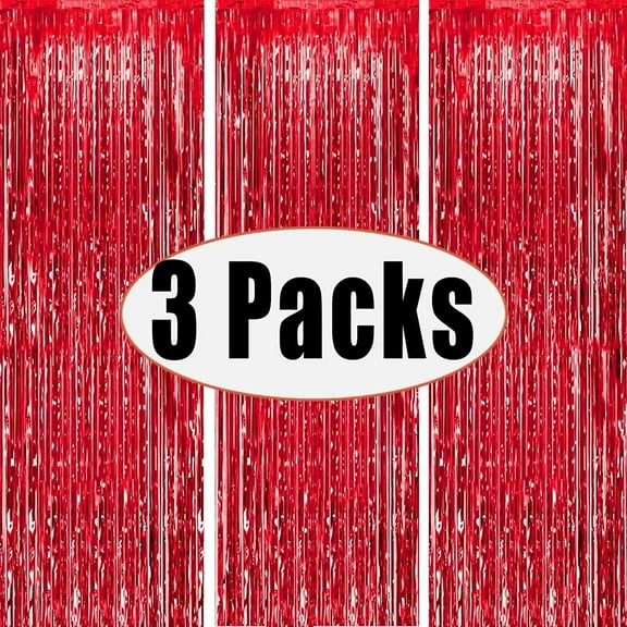 Red Foil Fringe Curtain, Metallic Photo Booth Backdrop Tinsel Door Curtains for Wedding Birthday Bridal Shower Baby Shower Bachelorette Christmas Party Decorations(3 Pack, 6.56ft x 3.28ft)