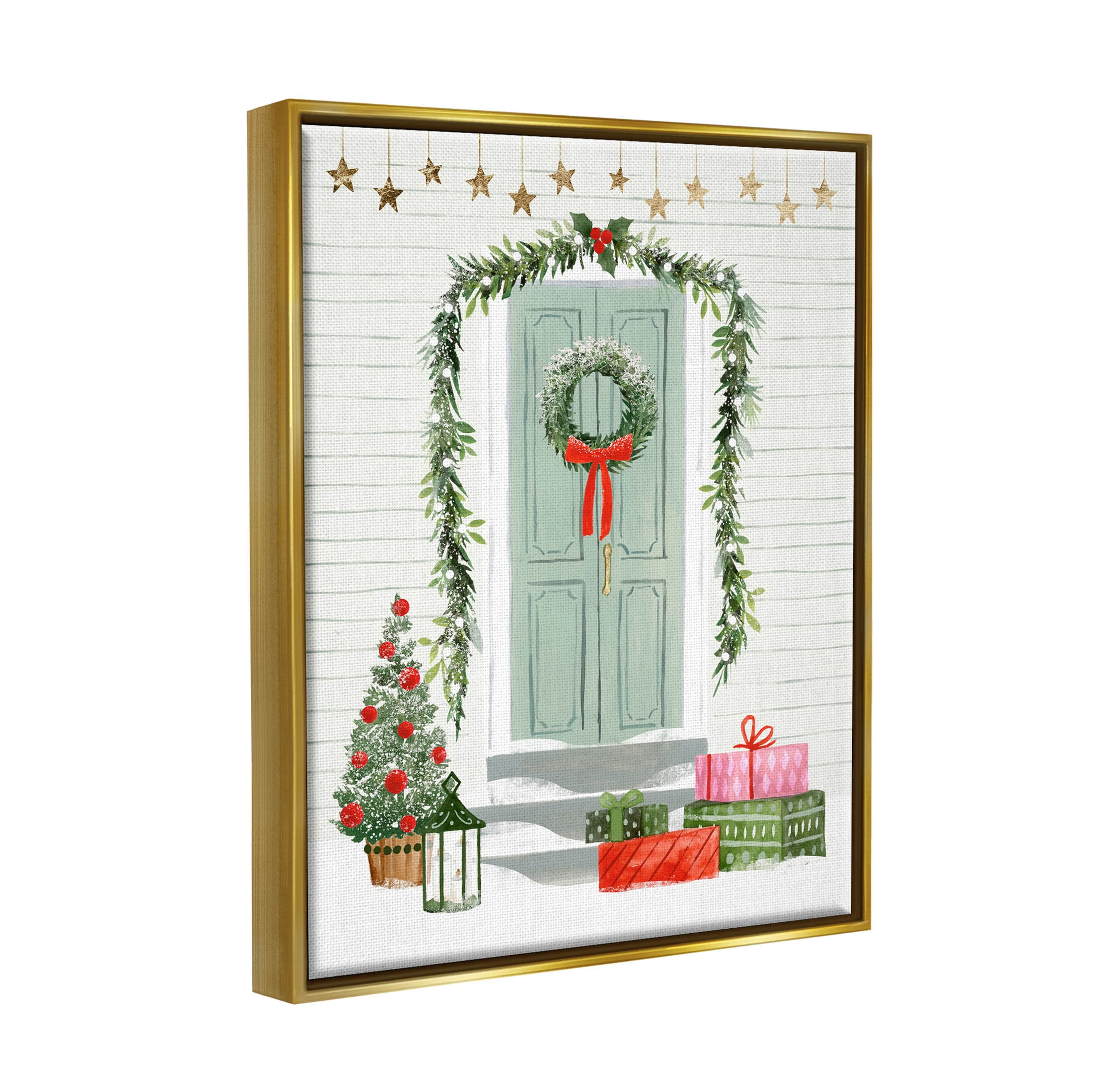 Stupell Industries Christmas Presents Wreath Doorstep Graphic Art Metallic Gold Floating Framed Canvas Print Wall Art, Design by Victoria Barnes