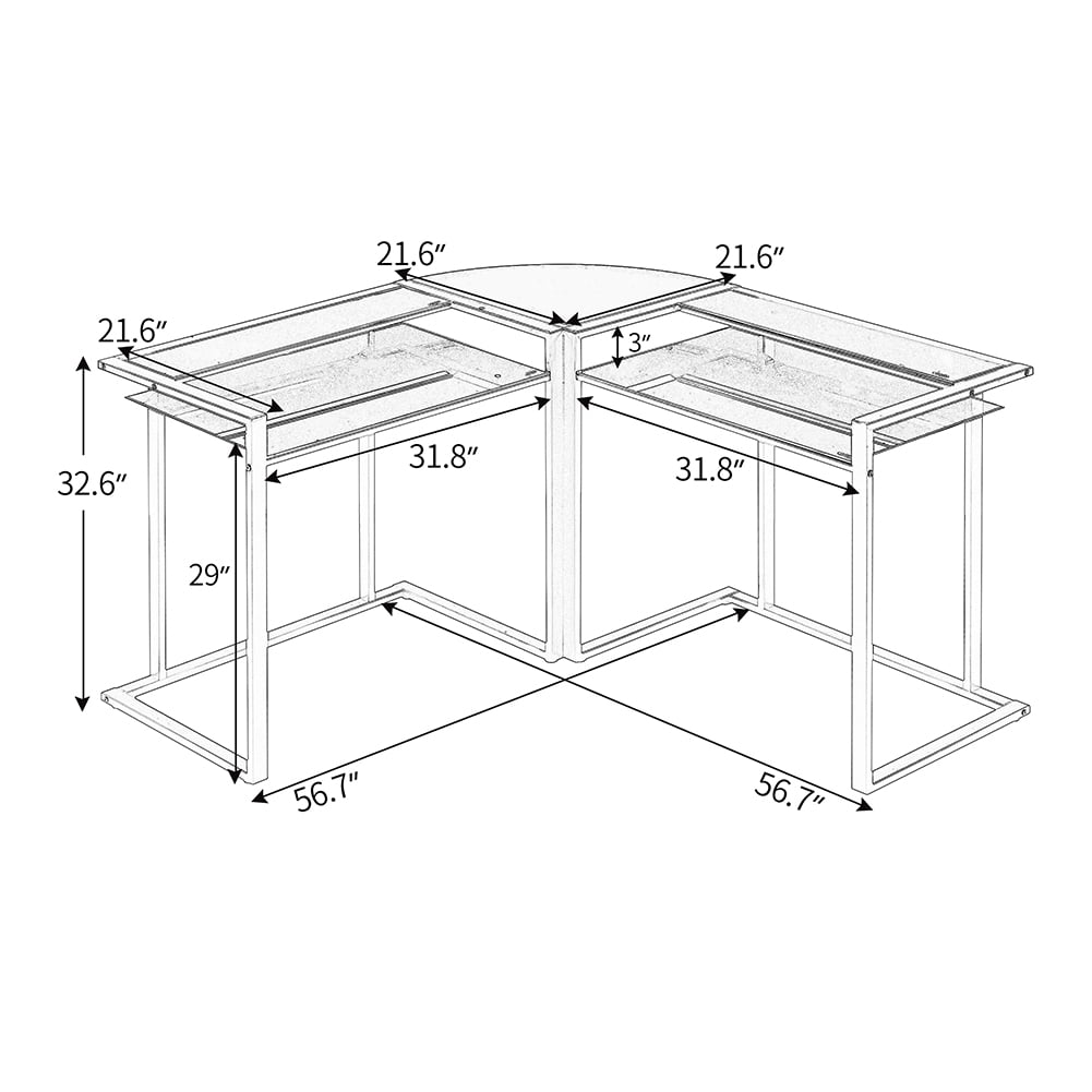 Lowestbest 56" Home Office Computer Desk, L-Shaped Glass Desk with Shelf, Round Corner Glass Workstation Desk, Black Lowestbest 56" Home Office Computer Desk, L-Shaped Glass Desk with Shelf, Round Corner Glass Workstation Desk, Black