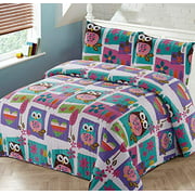 Luxury Home Collection 2 Piece Twin Size Quilt Coverlet Bedspread Bedding Set for Kids Teens Girls Owls Flowers Hearts (Twin Size)