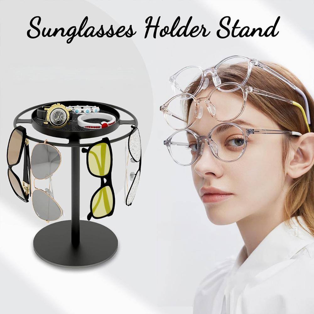 360° Rotating Sunglass Organizer Storage - Metal Glasses Holder Stand with Tray for Desk, Dresser, Tabletop, Nightstand & Home Decor Accessories C