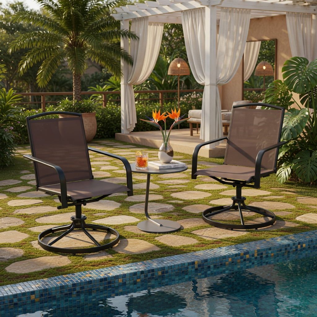 Hommoo 2-Piece Outdoor Swivel Chairs Set, High-Back Metal Patio Chairs with Breathable Mesh Seat, 360° Rotation & Gentle Rocking, Brown