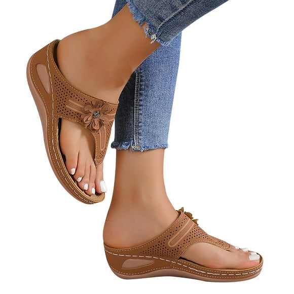 Wedge Sandals for Women Flip Flops Flower Decor Arch Support Hollow out Soft Sole Non Slip Comfortable Breathable Casual Summer Walking Platform Shoes Brown
