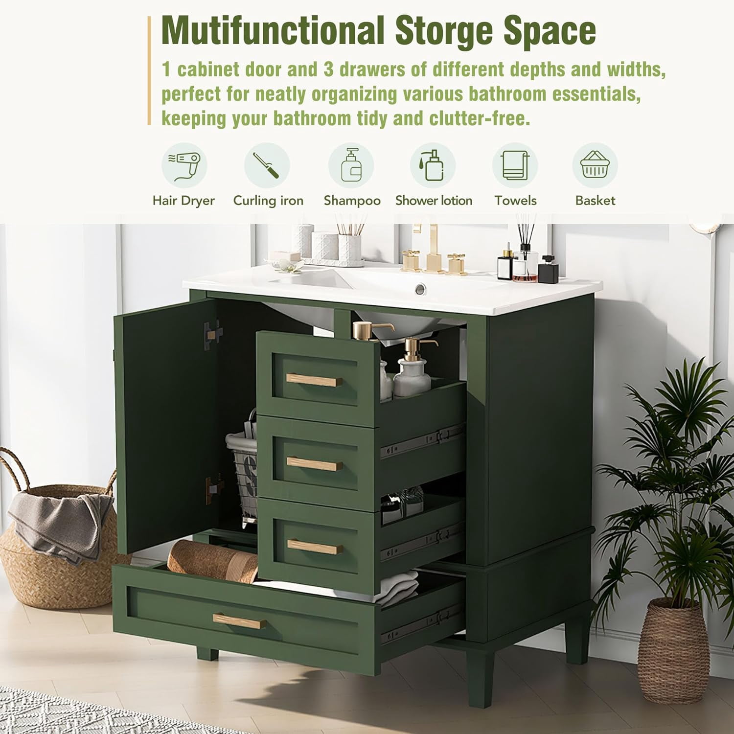 Royard Oaktree 30" Bathroom Vanity w/Resin Sink, Modern Bathroom Cabinet w/Soft Closing Door & 3 Drawers