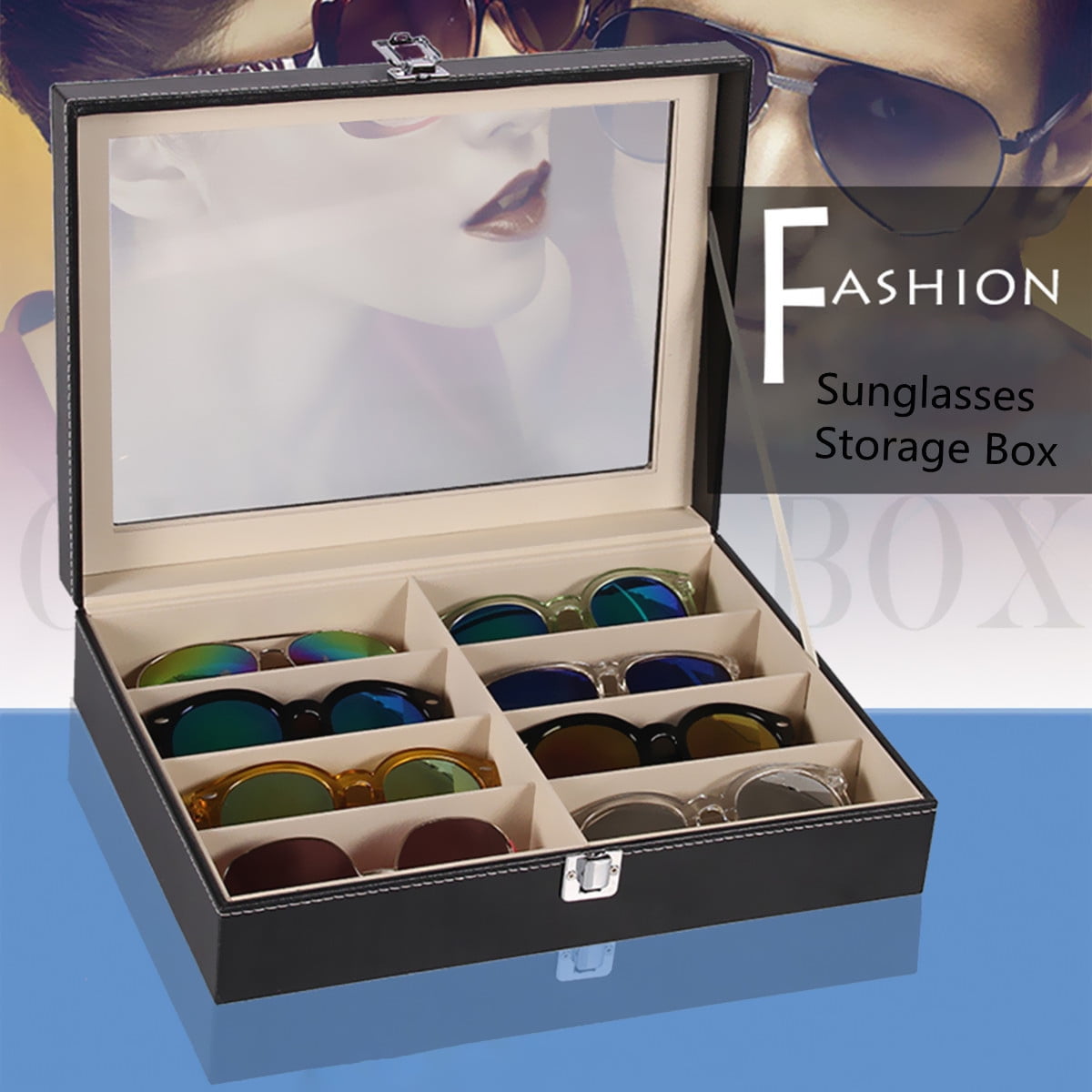 Black Siveit 16 Slot Sunglass Organizer Leather Eyeglasses Collector Eyewear Display Case Storage Box 