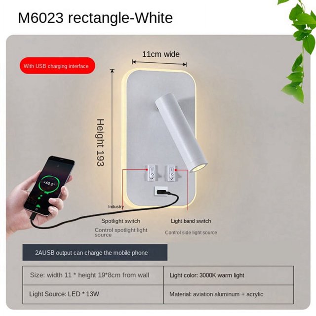 Lámpara de pared con luz de fondo, carga USB, rotación de 330 grados, lámpara de pared ajustable, lámpara de estudio para mesita de noche, lámpara de lectura, lámpara blanca