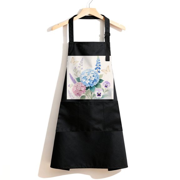 RKSupls Waterproof Bib Apron with 3 Pockets, Pink Hydrangea Flower Butterfly Adjustable Neck Strap Soft 100% Polyester Water Resistant Apron for Kitchen Restaurant Home Use