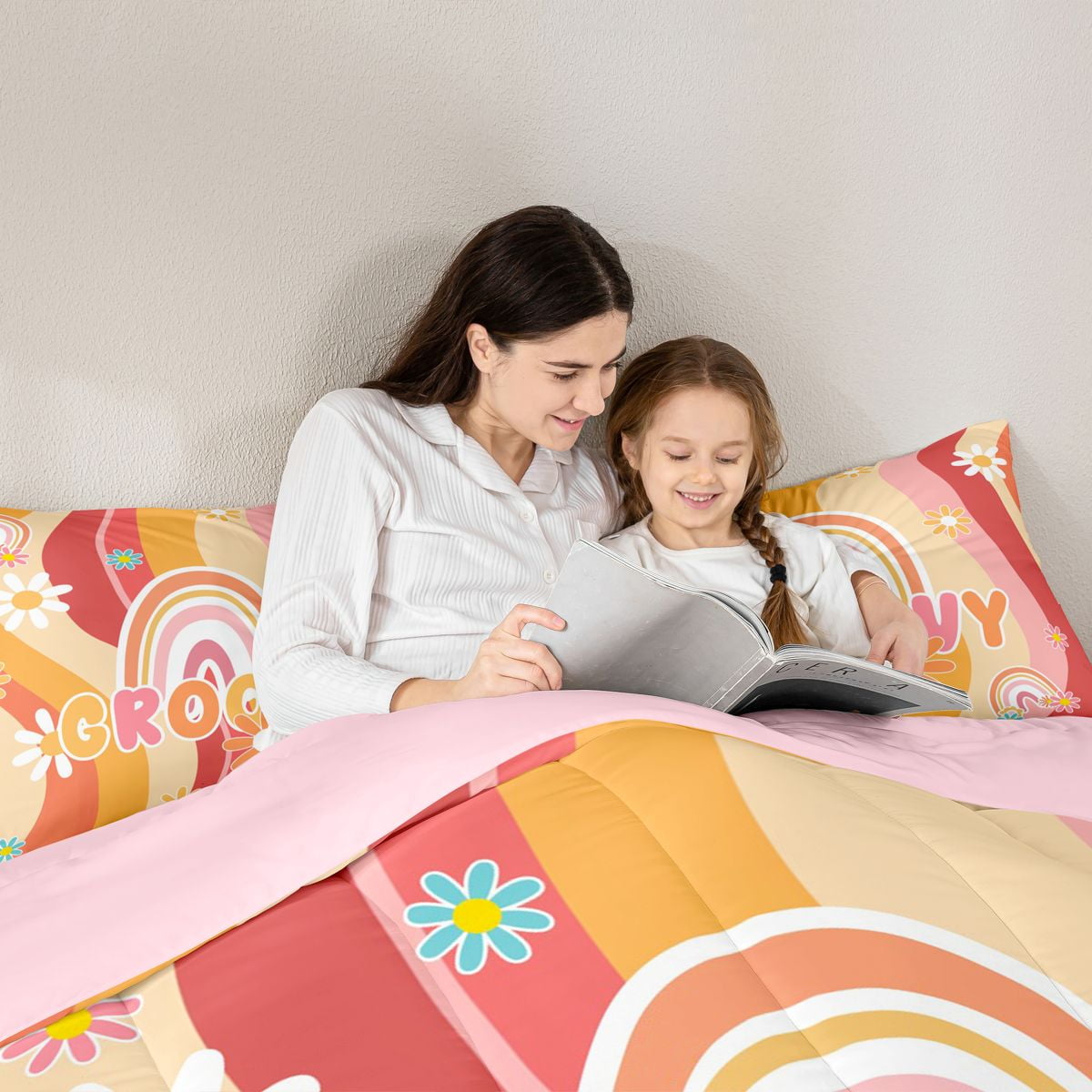 Feelyou Orange Groovy Flower Bedding Comforter Set, Cartoon Rustic Daisy Twin Comforter Sets, Kawaii Rainbow Print Reversible Bedding Set, Ultra Soft Bedroom Decor, 2 Pieces