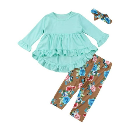 

Canrulo Toddler Kids Baby Girl 3PCS Medium Sleeve Ruffle Solid Color Round Neck Top Green 18-24 Months