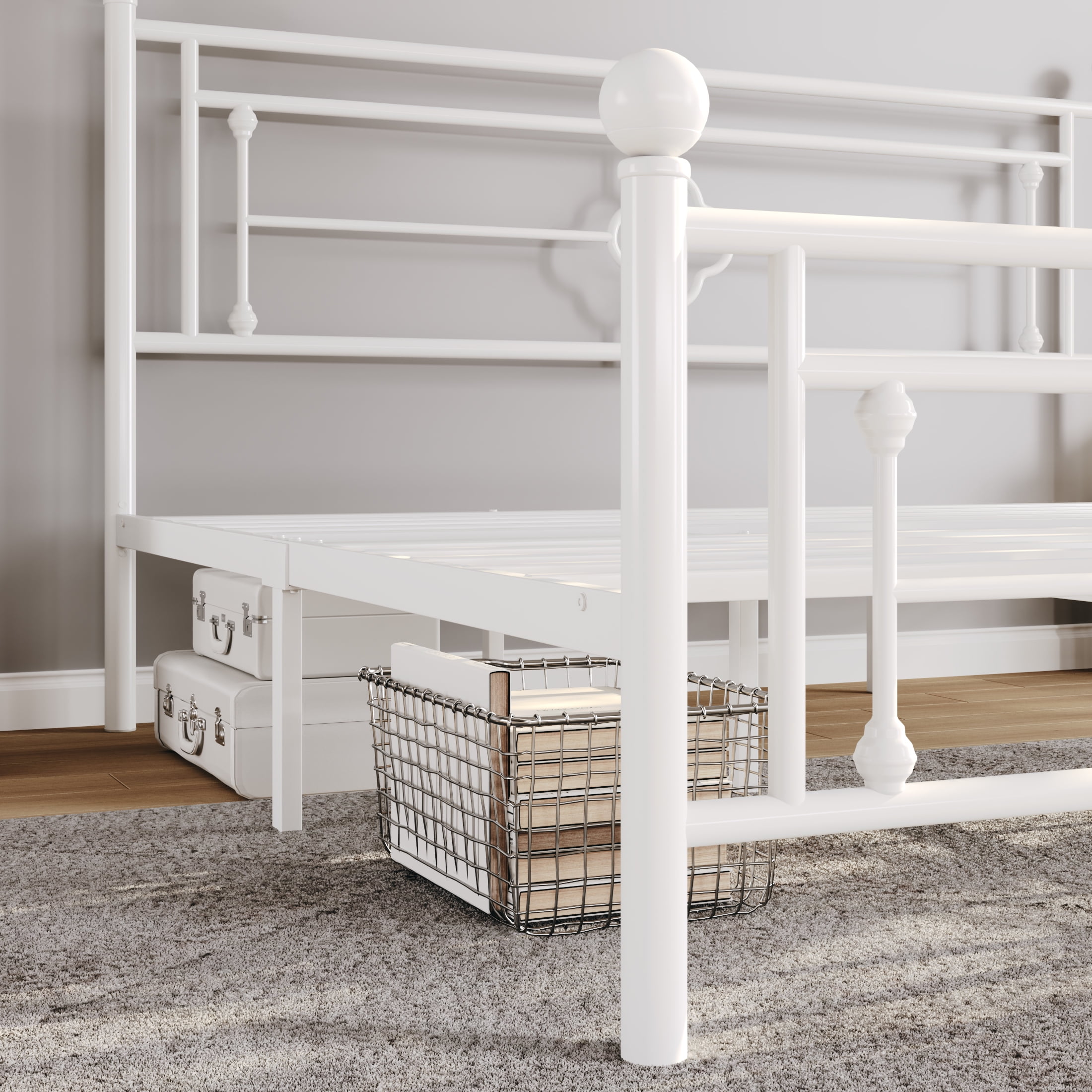 Sha Cerlin White King Size Metal Platform Bed Frame with Victorian Vintage Headboard & Underbed Storage, Adult