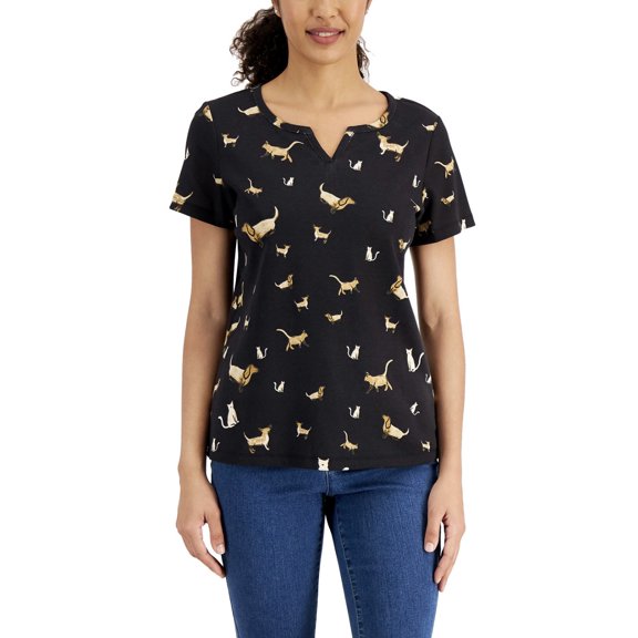 Karen Scott Women's Short Sleeve Pet Parade Split-Neck Top Deep Black Size XS
