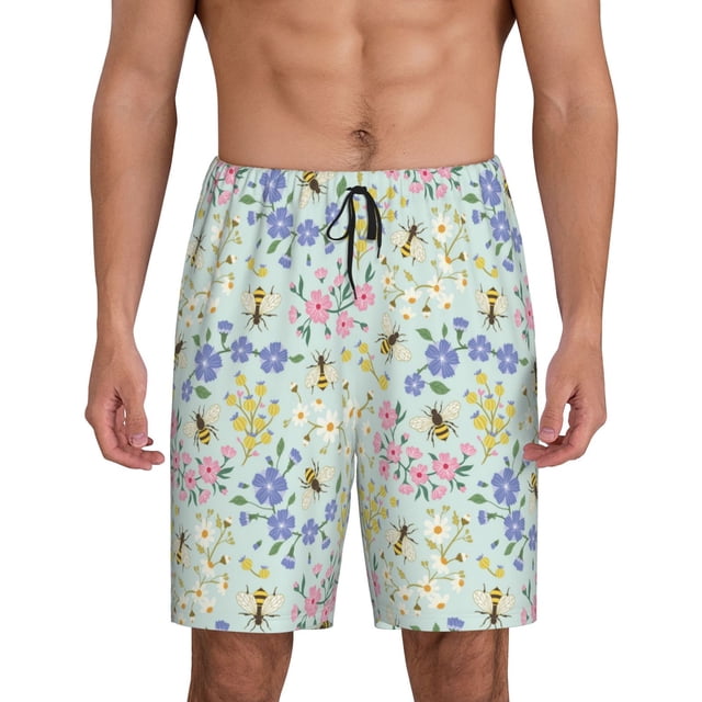 Balery Honey Bees And Flowers Pantalones cortos de pijama de punto de algodón para hombre con cinturilla y bolsillos-X-Large