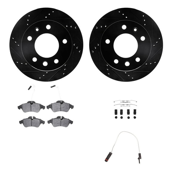 Dynamic Friction Company Front Brake Rotors-Drilled and Slotted-Black with Heavy Duty Brake Pads includes Sensor and Hardware 8222-40003