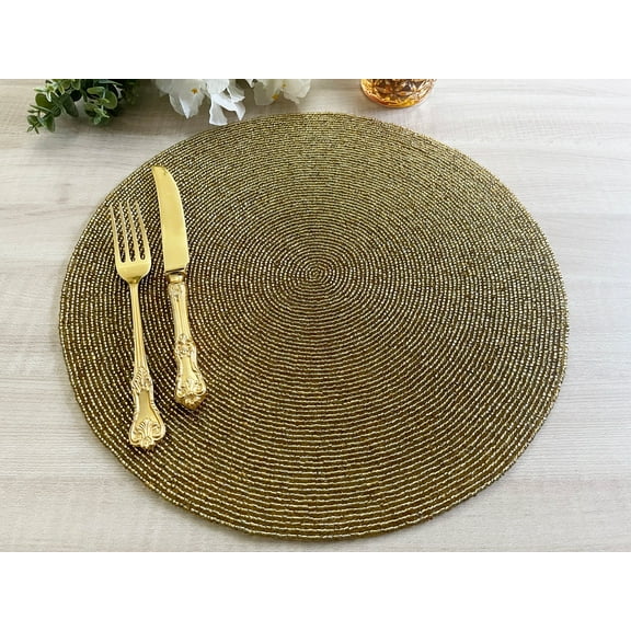 Set of 6, Handmade beaded placemat, beaded table mat, gold