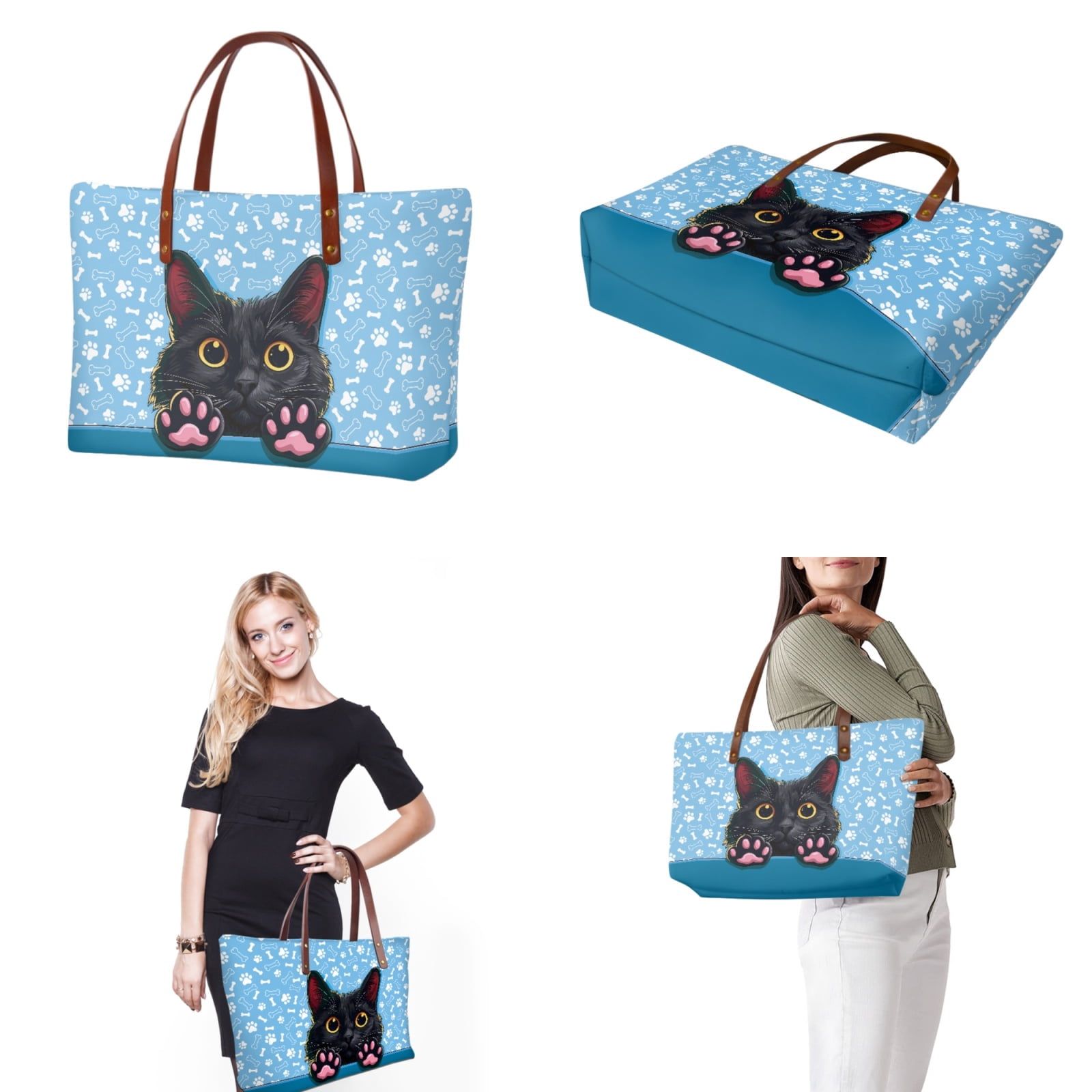 ZUXONGSY Black Cat Paw Print 2 Pieces Purses and Handbags Set for Women Portable Work Bag Satchel Handbags Large Capacity Shoulder Bag with Cash Wallet for Outings Travel Tours