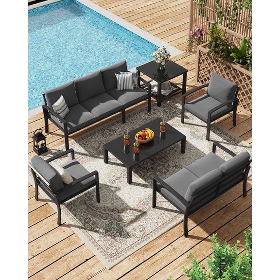 AECOJOY 7-Seat Aluminum Patio Set with Coffee & Side Table, Outdoor Sofa Set with Deep Cushions, Dark Gray