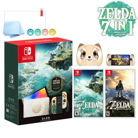 2023 Nintendo Switch OLED Zelda Limited Edition, Green & Gold Joy-Con 64GB Console, Hylian Themed White Dock, 2 Zelda Games, Mytrix Brownie JoyPad & 3 Accessories: 7 in 1 NS Zelda Collection