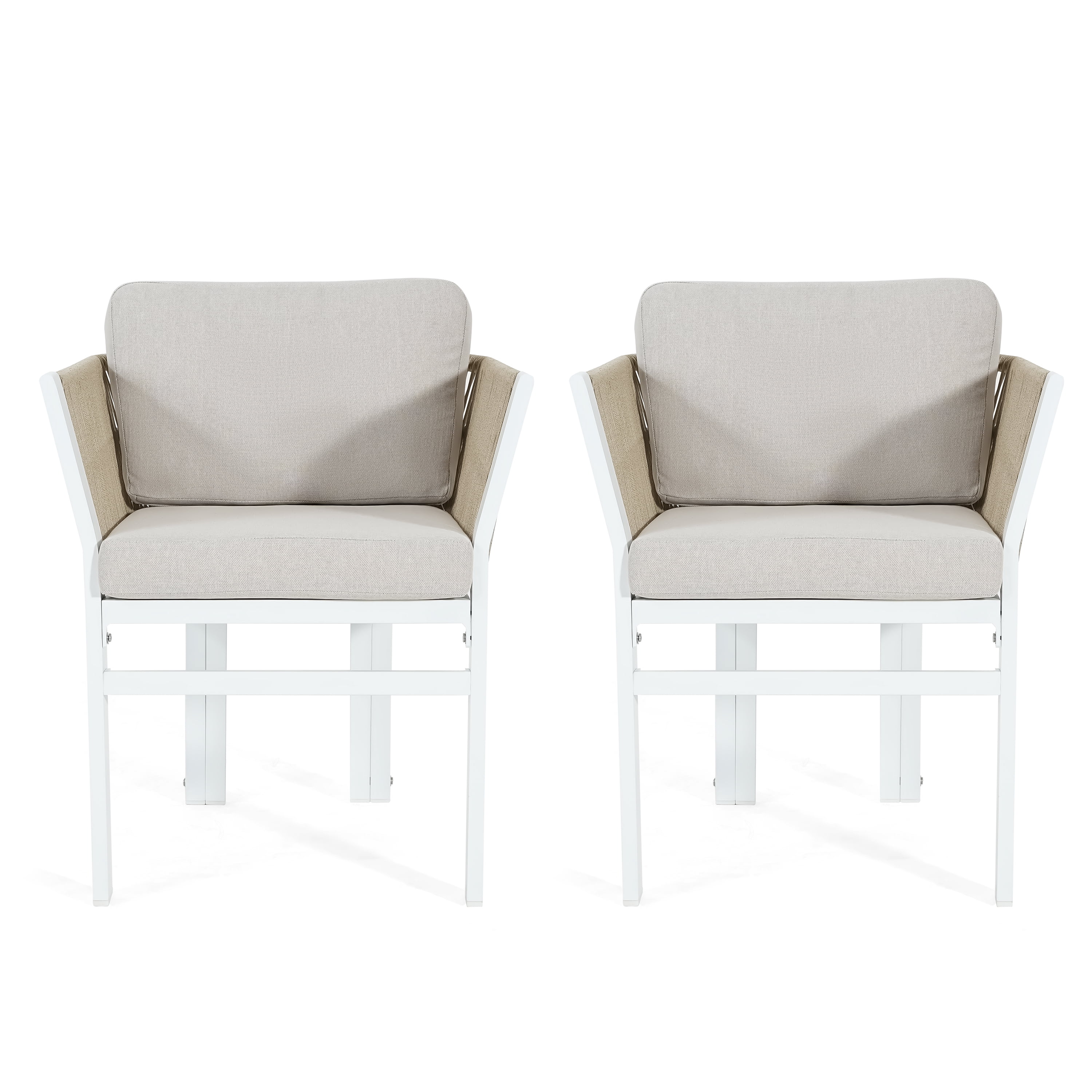 Outdoor Dining Chair Set of 2, White Aluminum Frame with Beige Cushion All-Weather Patio Seating, White