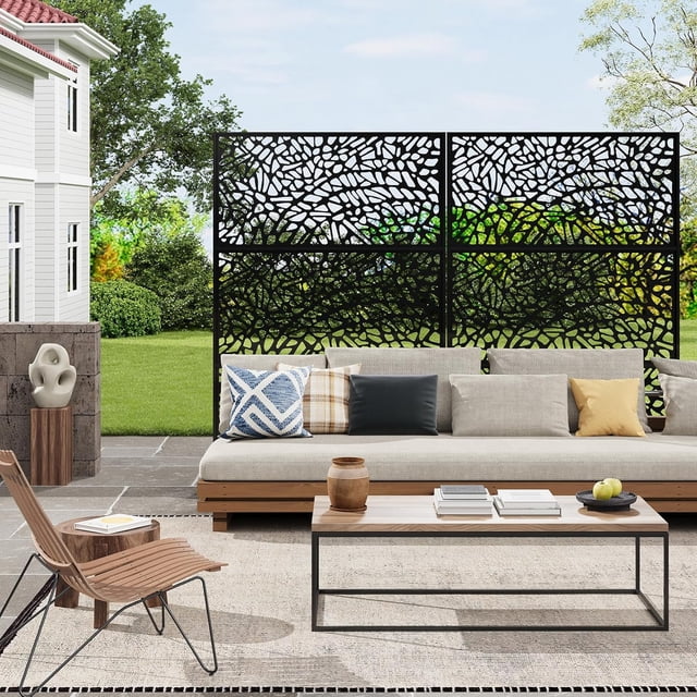 EastVita 72x47 Inch Metal Privacy Screen, Freestanding Decorative Divider for Garden with Stable Base, Crushed Glass Pattern