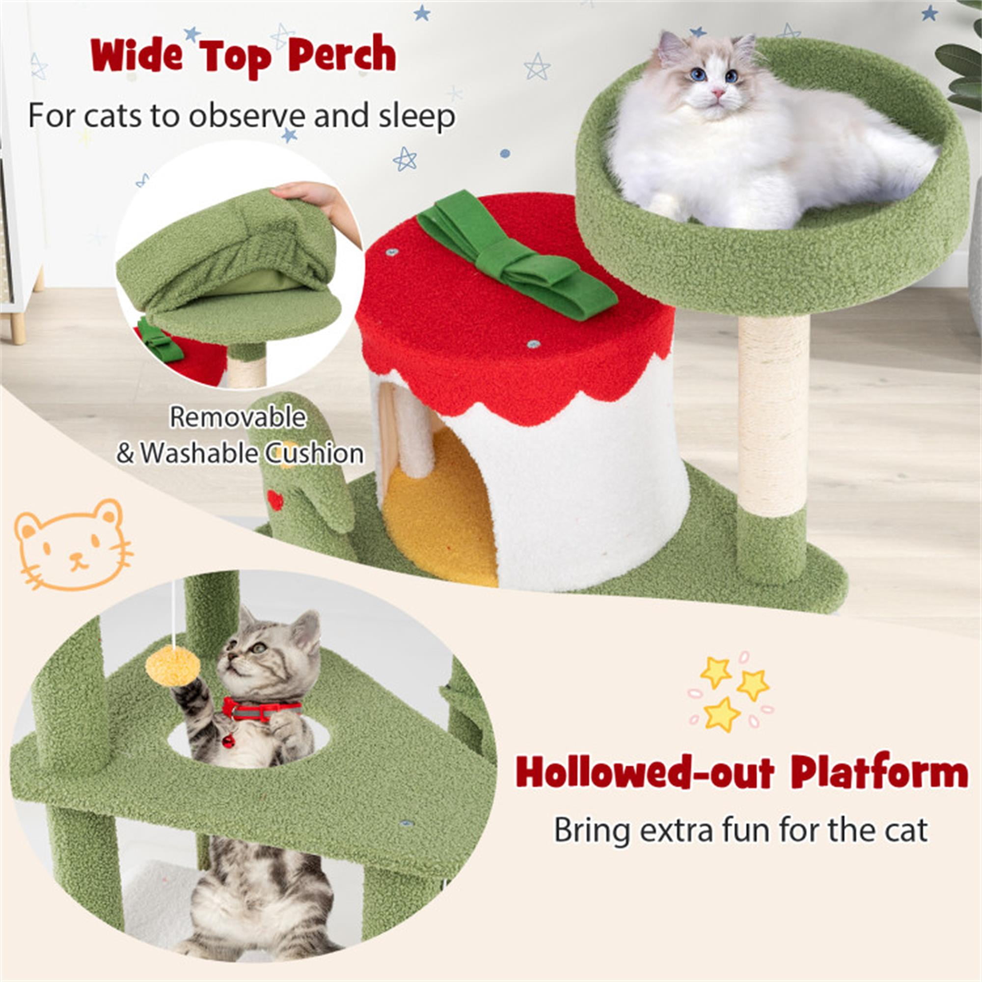 Kadyn 61" Cute Christmas Cat Tree with Sisal Scratching Posts and Board, Multi-Level Cat Tower with Gift Box Shaped Condo, Kittens Play Activity Center, Green