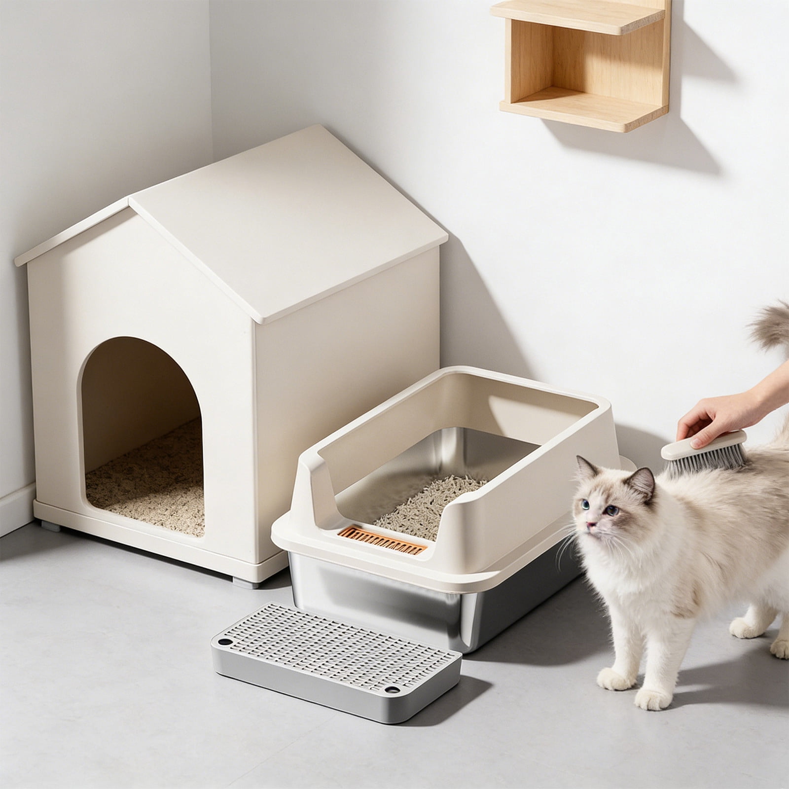 Stainless Steel High Sided Litter Box, Large Open Top Cat Litter Pan with Step Platform, Odor Resistant & Easy Clean, Non-Slip Kitty Tray with Scoop for Small & Large Cats