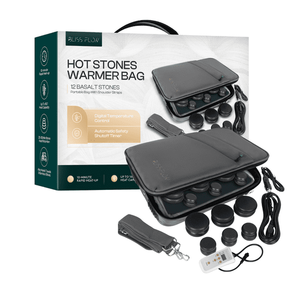 BlissFlow Massage Stone Warmer Set - Portable Heater Travel Carrying Bag - 12 Basalt Massage Heating Stones - Electric & Digital Control Stone Warmer